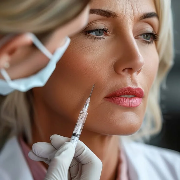 A woman receiving a cosmetic injection near her lips from a medical professional wearing gloves and a mask.