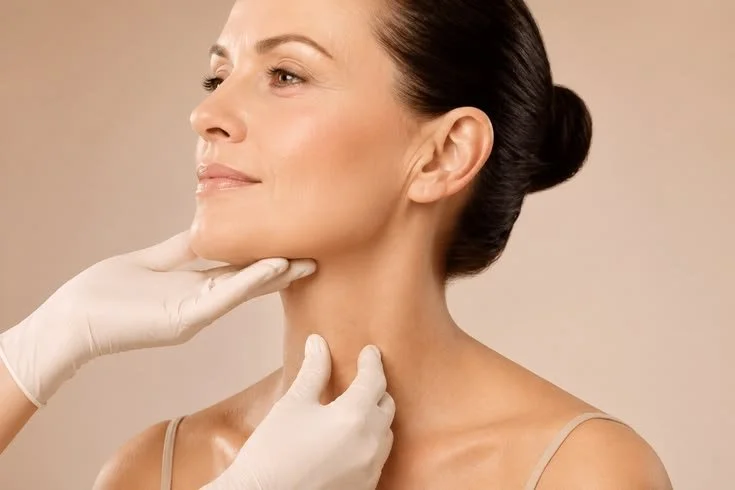 A woman is having her neck examined by a healthcare professional wearing white gloves.