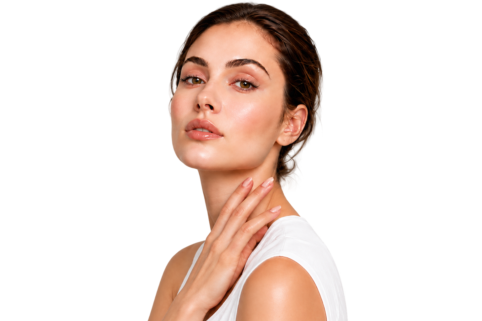 A young woman with fair skin and brown hair styled back, gazing at the camera with a confident expression, touching her neck with her right hand, wearing a white sleeveless top, in a well-lit studio shot.