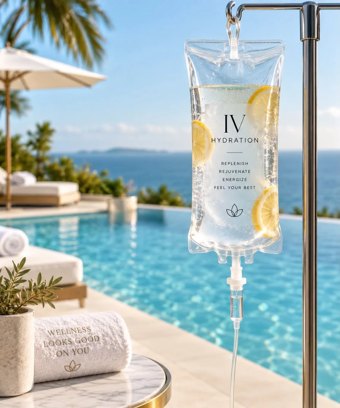 IV hydration bag with lemon slices hanging outside near a pool and ocean view with lounge chairs and umbrellas