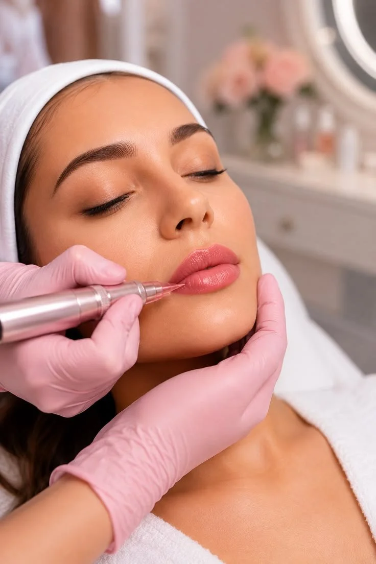A woman receiving a cosmetic lip injection from a professional wearing pink gloves in a clinic with blurred background and pink flowers.