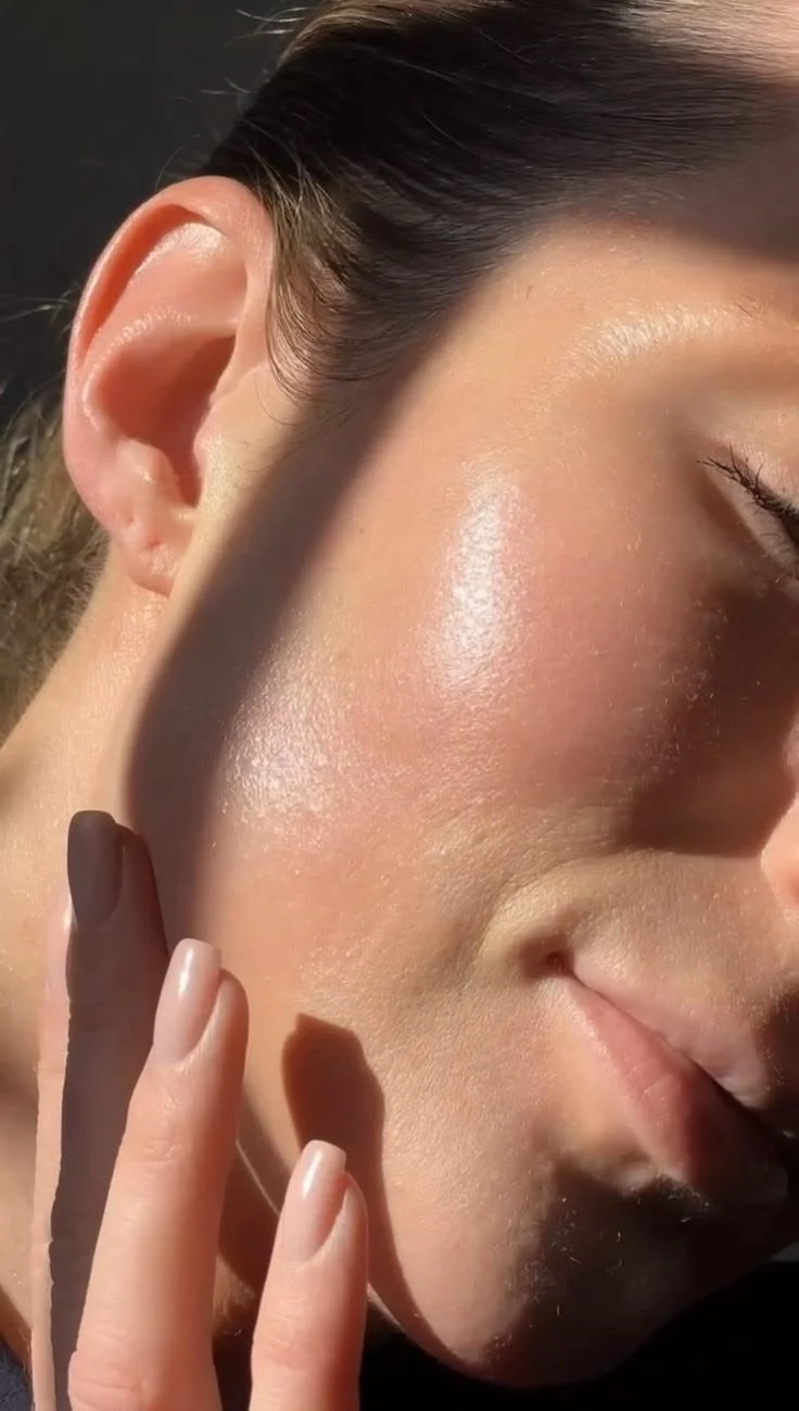 Close-up of a woman's face with her eyes closed, showing smooth, glowing skin and her hand gently touching her cheek.