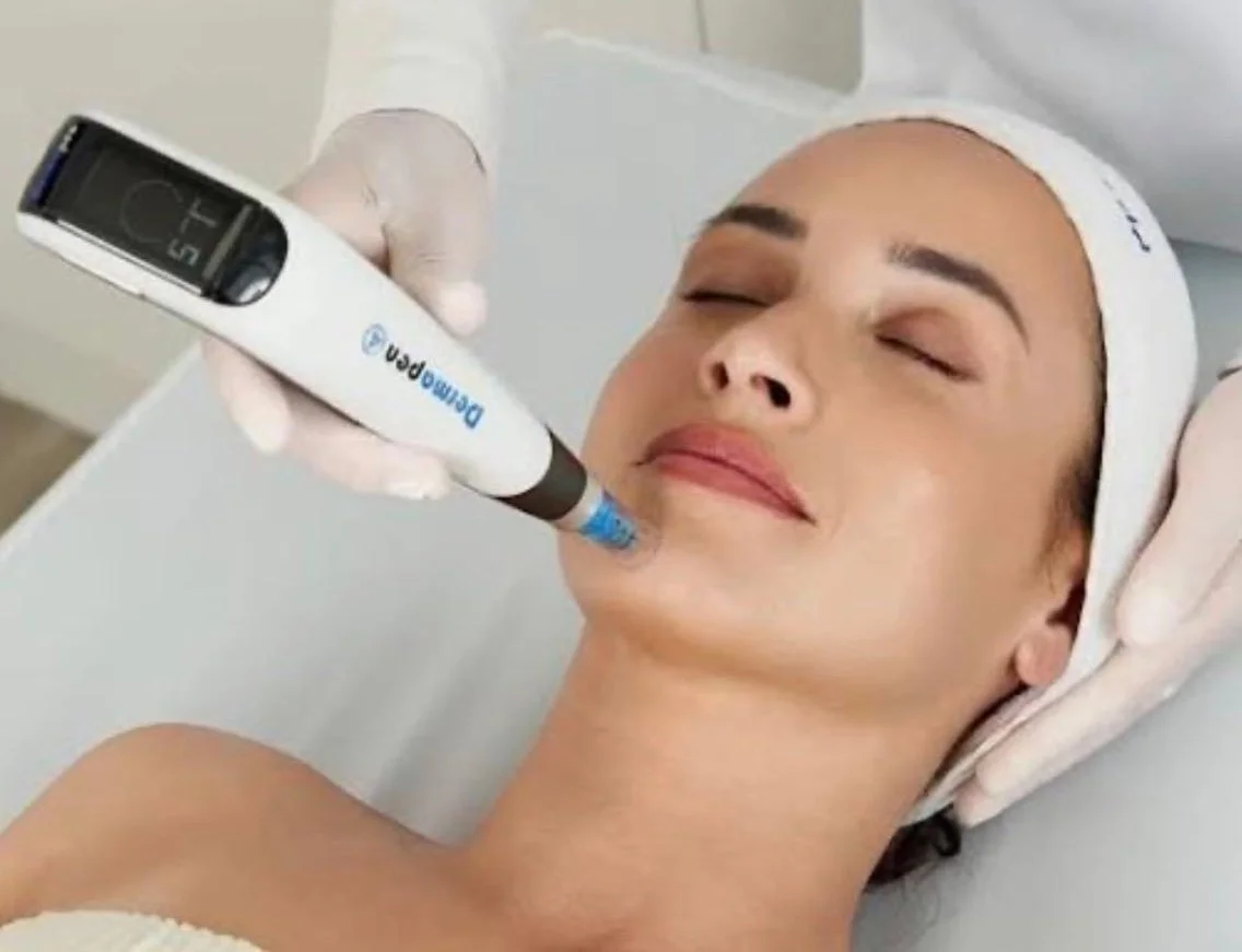 DermapenHOME device with five textured blue cartridges on a countertop, with a box labeled 'Dermapen HOME' in the background.