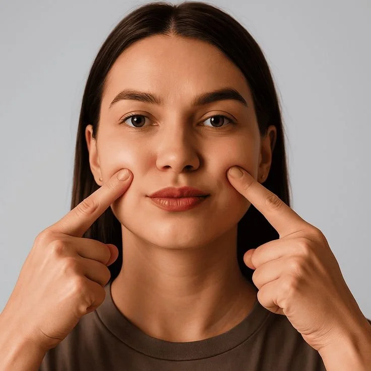 A woman with long dark hair points to her cheeks with both index fingers, showing a neutral expression.