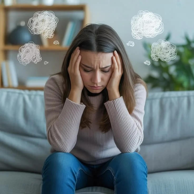 A young woman sitting on a couch, holding her head with a distressed expression, surrounded by thought bubbles indicating she is worried or overwhelmed.