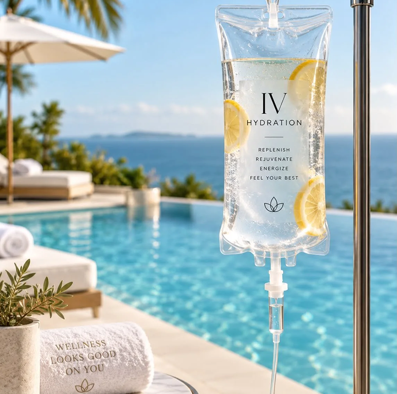 An IV hydration bag with lemon slices hanging near a swimming pool on a sunny day.