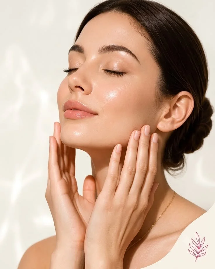 A woman with smooth, glowing skin softly touching her face with her eyes closed, conveying a sense of skincare or beauty.