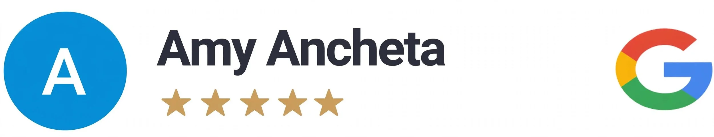 Google profile badge with a blue circle containing a white letter 'A', the name 'Amy Ancheta', a five-star rating, and the Google logo.