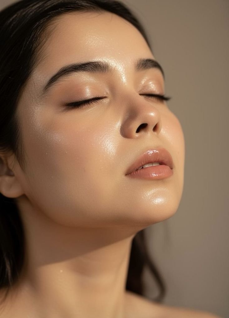 Close-up of a woman with closed eyes, smooth skin, and natural makeup lighting highlighting her face.