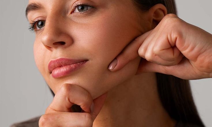 A woman pressing her fingers on her cheek near the jawline