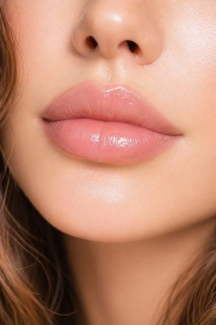 Close-up of a woman's lips with glossy pink lipstick and smooth skin near her nose and chin.