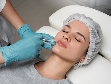 A woman receives a cosmetic lip injection from a healthcare professional wearing blue gloves in a clinical setting.