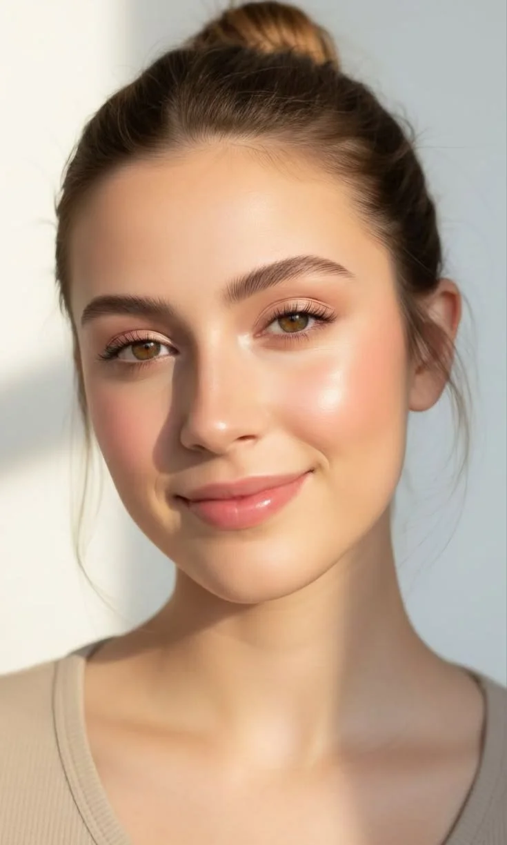 Close-up of a young woman with light skin, hazel eyes, and light brown hair styled in a bun. She has natural makeup and a slight smile.