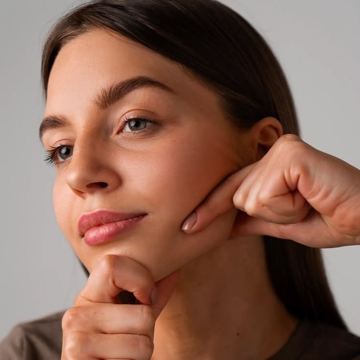 Close-up of a woman with long brown hair and clear skin gently pinching her cheek with her fingers