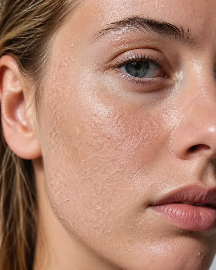 Close-up of a woman's face showing dry, flaky skin.