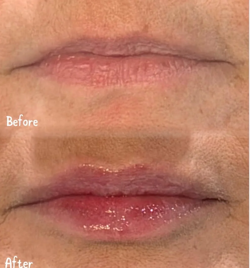 Close-up of lips showing before and after lip gloss application, with the bottom lip appearing shinier and more vibrant.