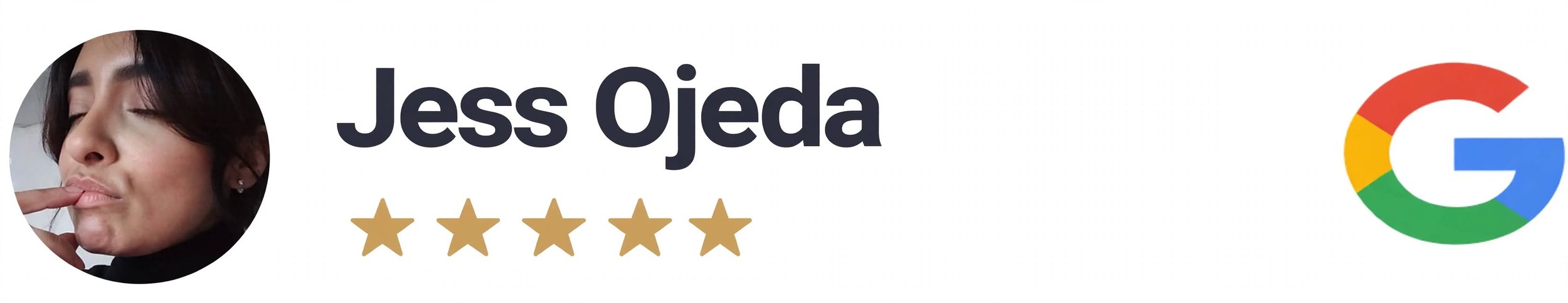 Google profile with name Jess Ojeda, five-star rating, profile picture of a woman touching her lips, Google logo