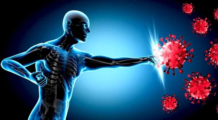 Illustration of a human figure with glowing skeletal structure striking a pose with an arm extended, releasing a burst of red virus particles.