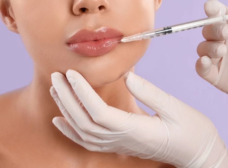 Close-up of a woman receiving a lip injection from a medical professional wearing gloves.