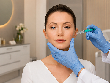 Doctor wearing blue gloves administering a cosmetic injection to a woman's face in a clinical setting.
