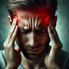 A man holding his head with both hands, showing a distressed expression with red light emanating from his temples, indicating headache or pain.