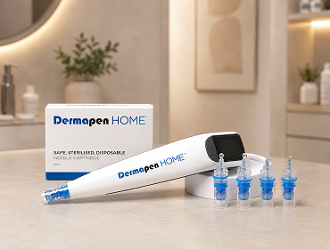 DermapenHOME device with five textured blue cartridges on a countertop, with a box labeled 'Dermapen HOME' in the background.