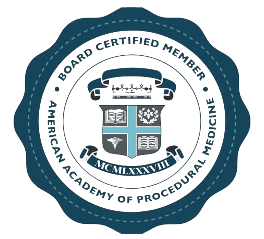 Seal of the American Academy of Procedural Medicine, featuring a gavel, a globe, a medical caduceus, a book, and a shield, surrounded by the text 'Board Certified' and 'American Academy of Procedural Medicine'.