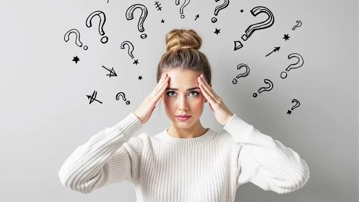 A woman with blonde hair in a bun, wearing a white sweater, holding her head with both hands, surrounded by question marks and stars indicating confusion or stress.