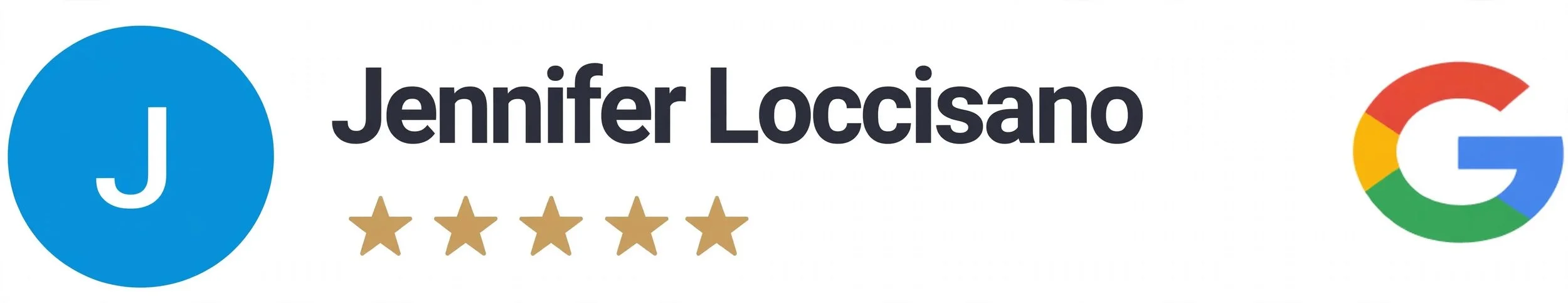 Google profile card for Jennifer Loccisano with a blue circle containing her initial J, five gold stars indicating a 5-star rating, her name, and Google's colorful logo.