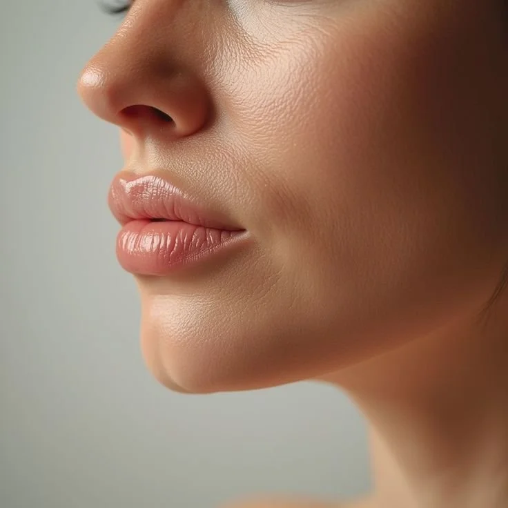 Close-up of a woman's face showing her lips, nose, and part of her cheek.