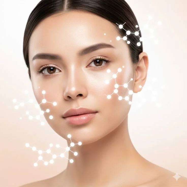 A close-up of a woman's face with a neutral expression, featuring digital graphics of molecular structures overlaid on her face.