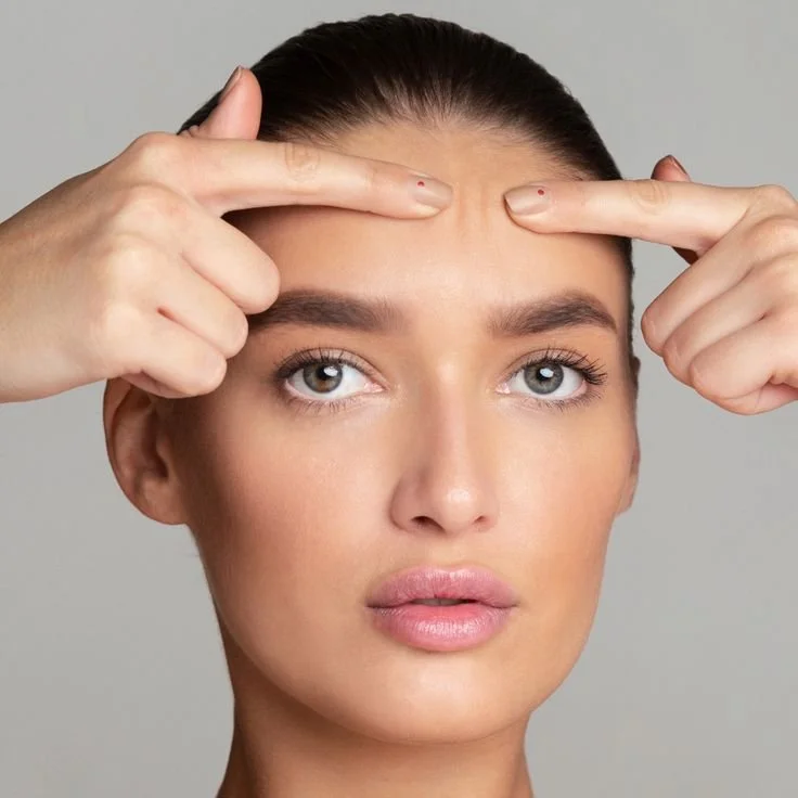 A woman with blue eyes and dark hair presses her fingers on her forehead, pointing to her eyebrows.