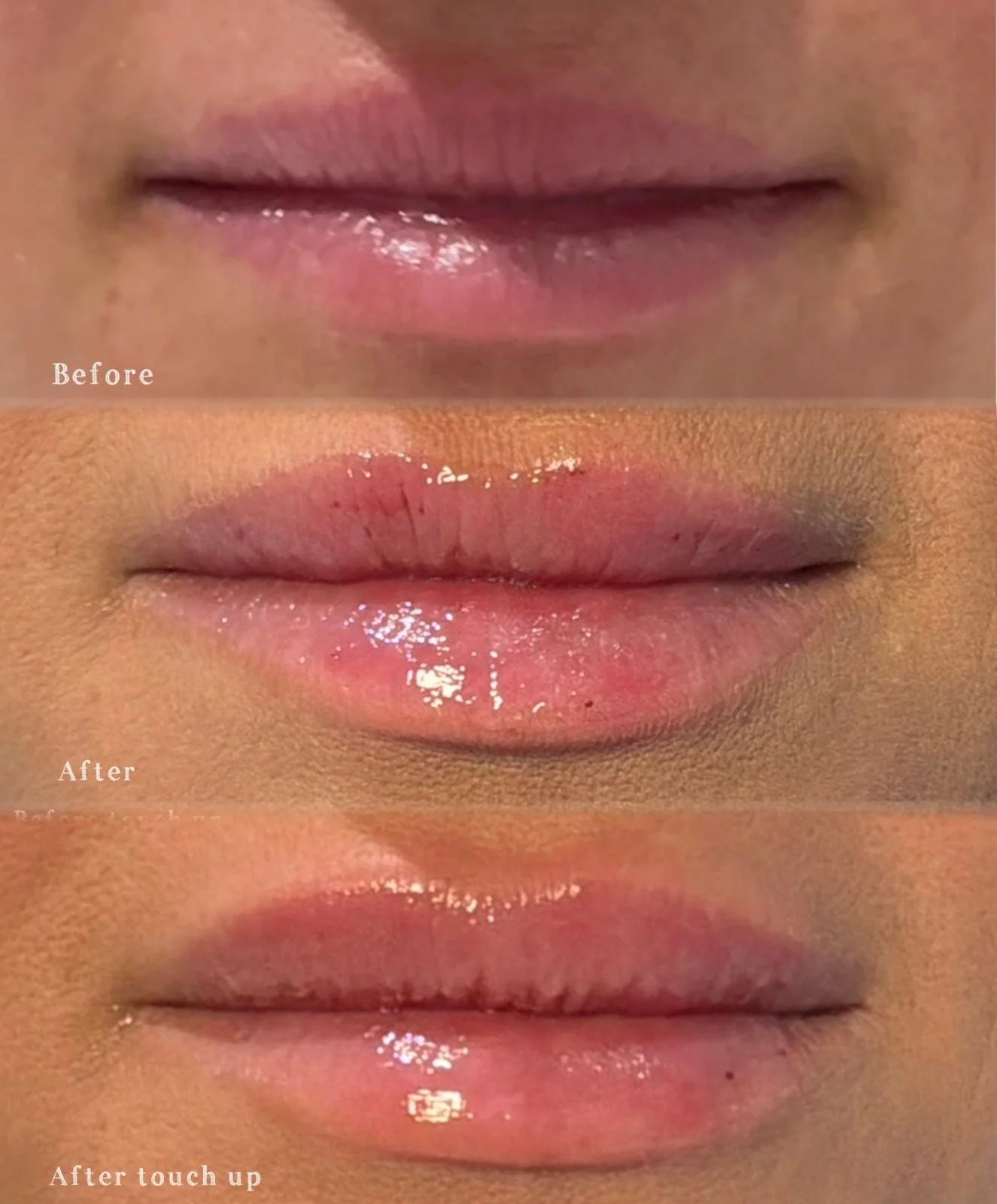 A triptych of close-up photos showing lips before, after, and after touch-up. The lips are smooth, shiny, and well-moisturized in all stages, with slight variations in color and texture.