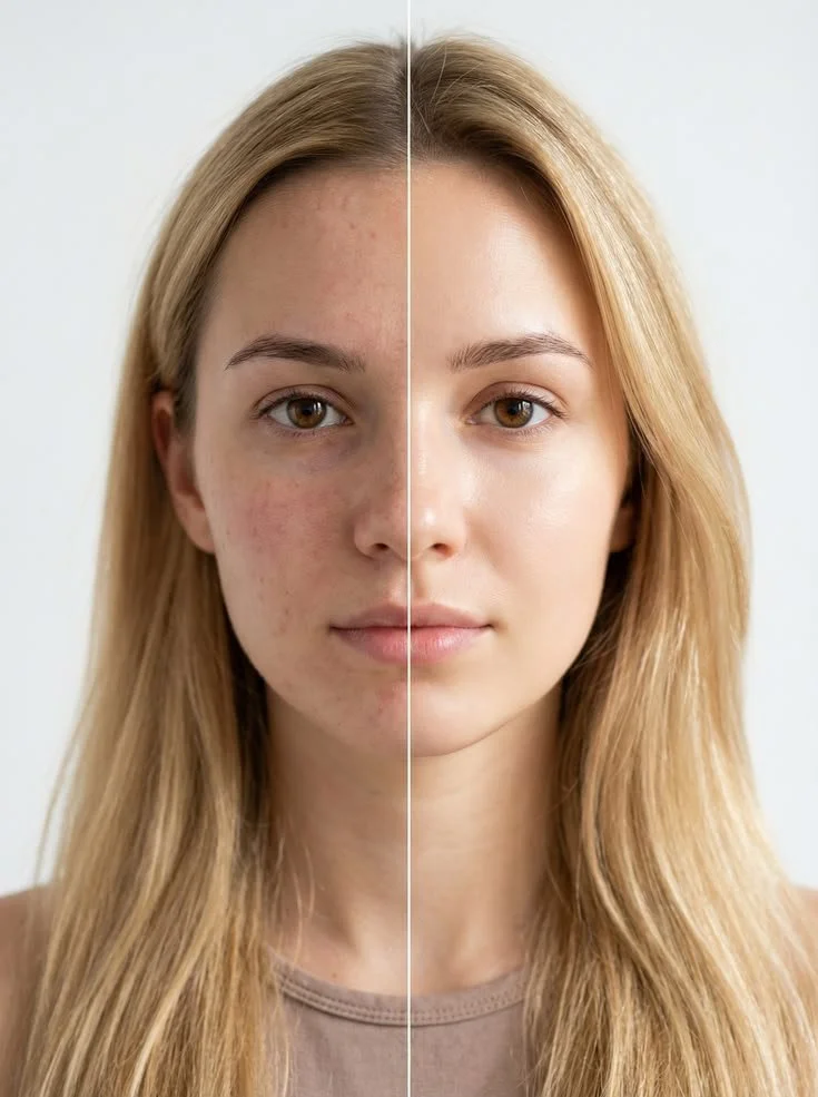 A side-by-side comparison of a woman with and without skin blemishes and acne, showing clear, smooth skin on the right side.