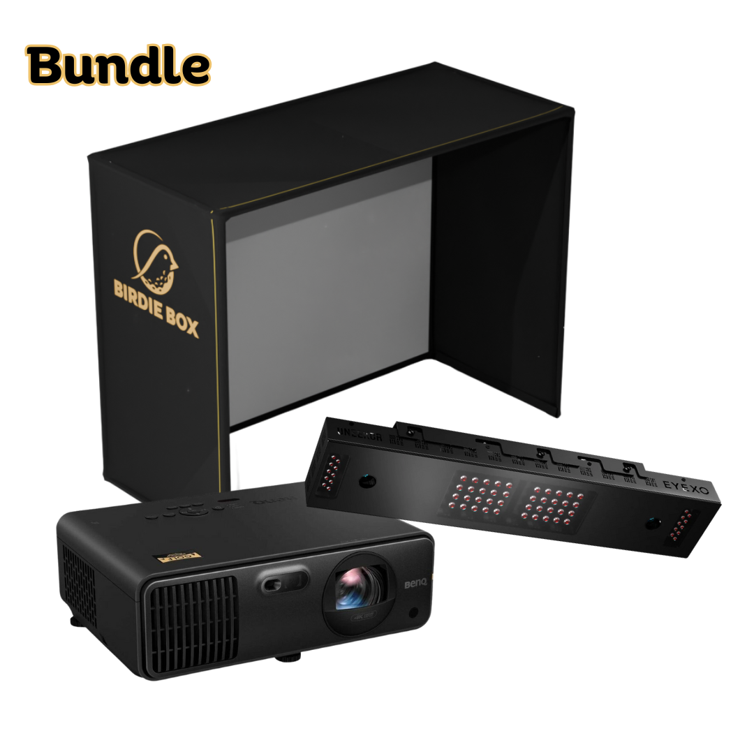 Photo of a Birdie Box package containing a projector, a uneekor launch monitor, and a gray padded interior.