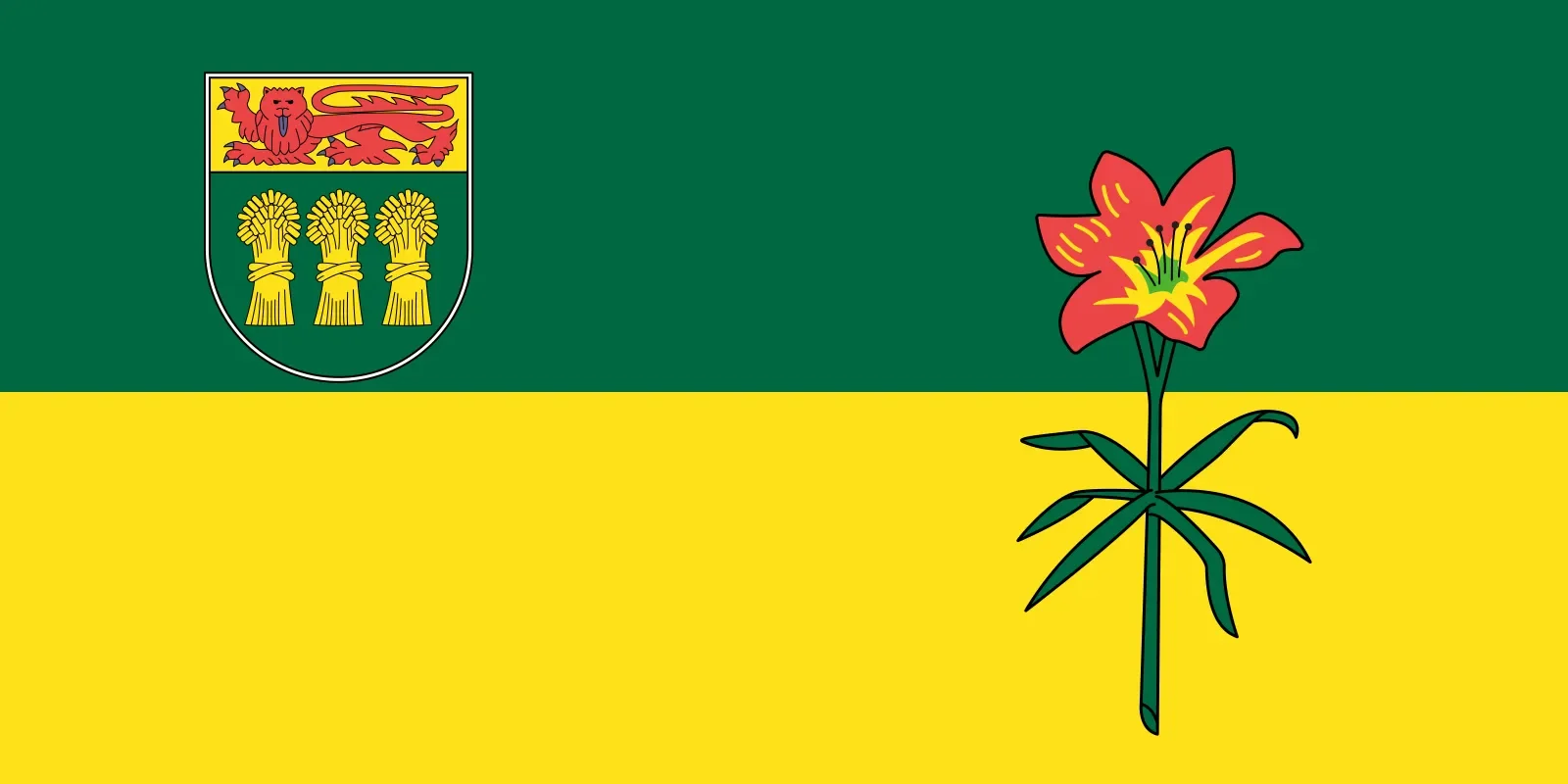 The flag features a green top half with a coat of arms in the top left corner, a yellow stripe across the middle, and a yellow bottom half. The coat of arms includes a red lion on a yellow background and three yellow wheat stalks on a green background. A red lily flower with yellow accents is on the right side of the yellow stripe.