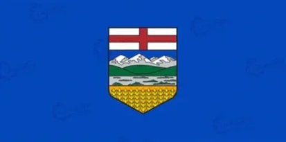 The flag of Alberta, Canada, featuring the provincial shield with mountains, grasslands, and wheat, on a blue background.