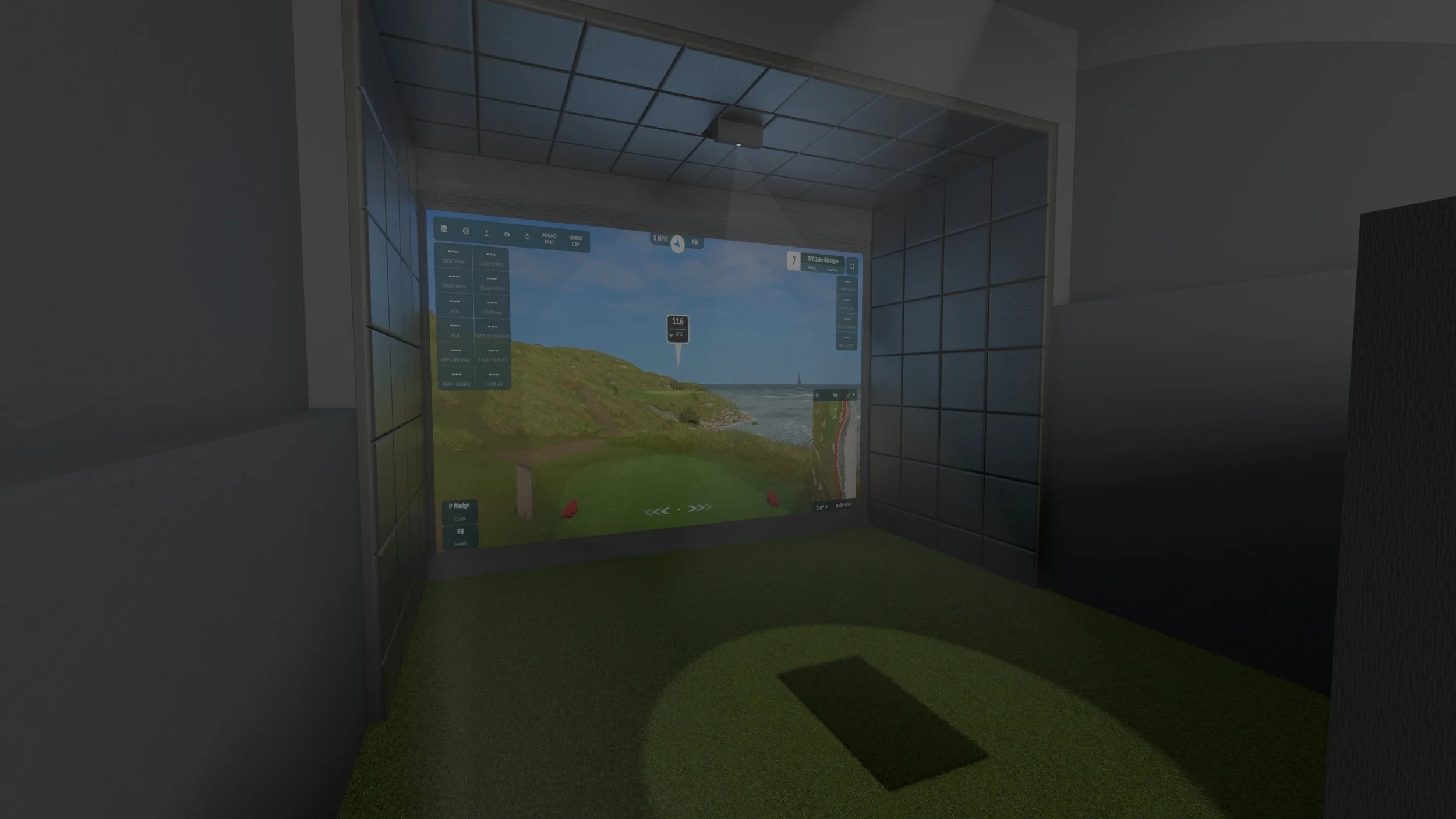 Indoor golf simulator room with a large screen showing a golf course, artificial green turf on the floor, and a ceiling with tiles.