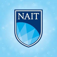 NAIT logo with blue shield and background of snowflakes