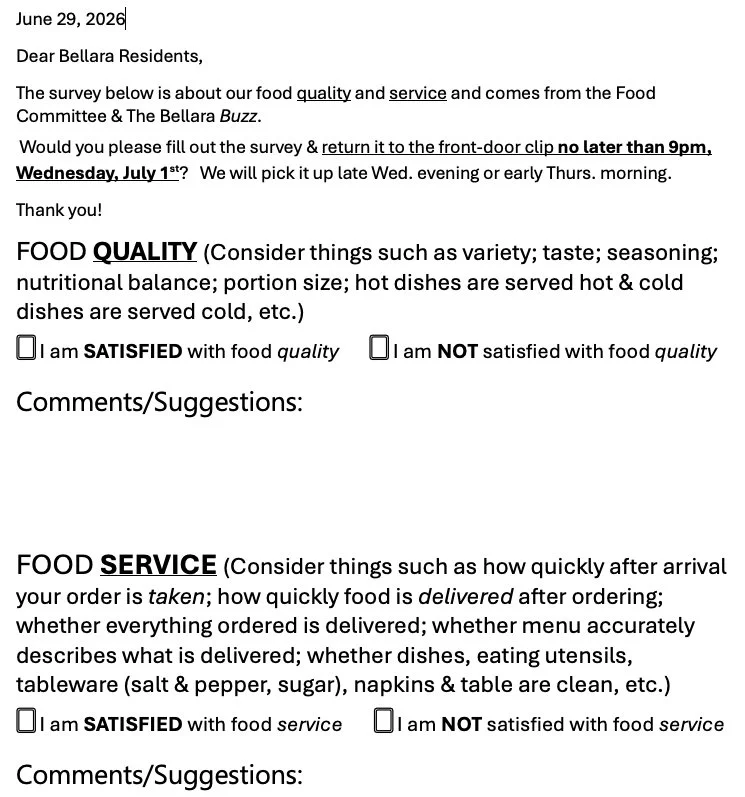 A typed letter dated June 29, 2026, addressed to Bellara residents, requesting feedback on food quality and service through a survey, with options for satisfaction and space for comments.