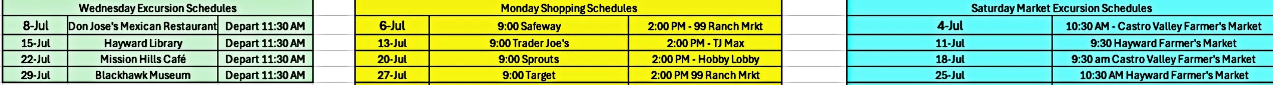 A weekly schedule chart with three sections in different colors: Wednesday Excursion Schedules in green, Monday Shopping Schedules in yellow, and Saturday Market Excursion Schedules in blue. The chart lists dates and locations with departure times for excursions and shopping trips.
