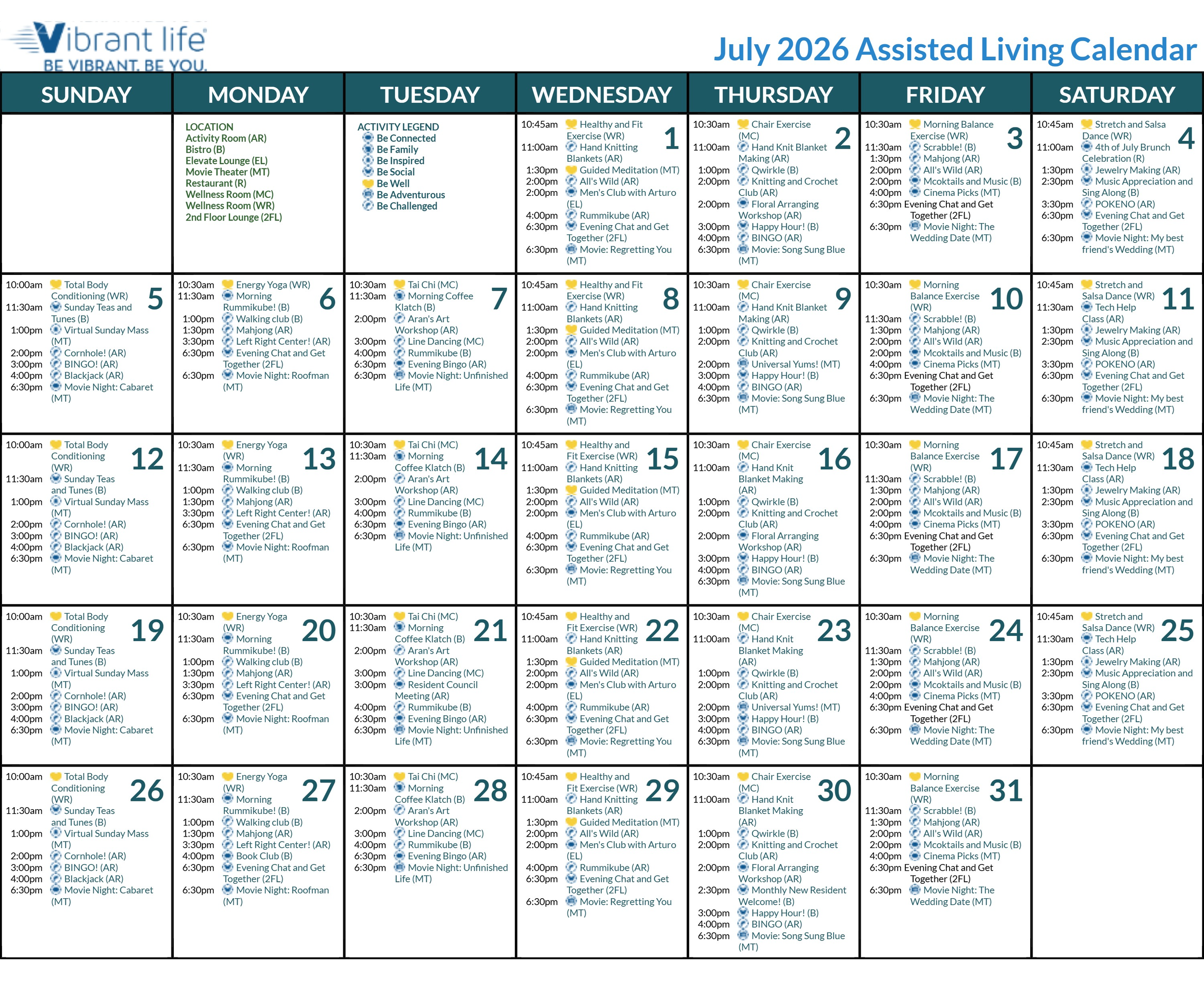 July 2026 Assisted Living Calendar from Vibrant Life, displaying daily scheduled activities for each day of the month, including exercise classes, social events, games, and entertainment in a detailed grid format.