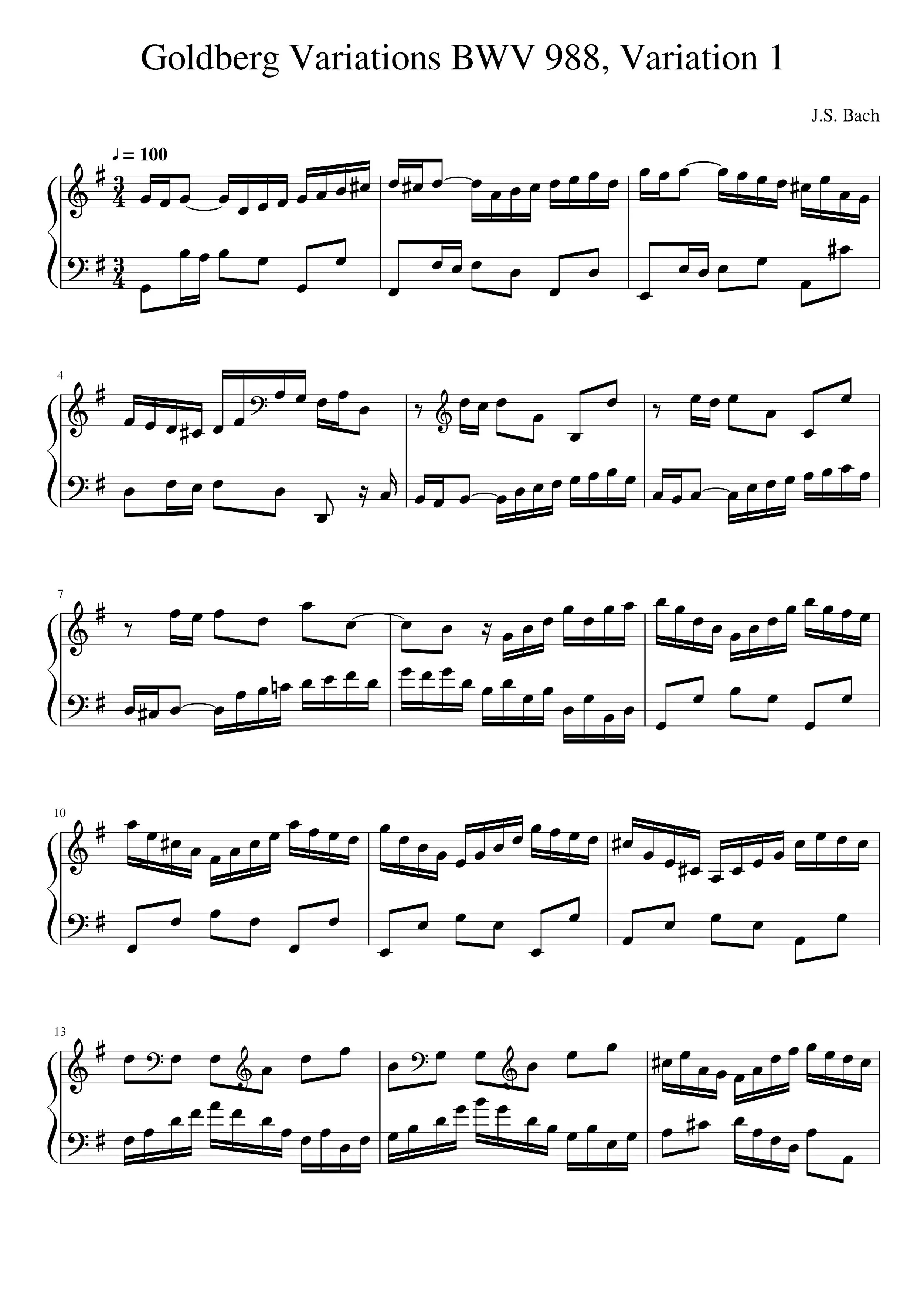 Sheet music for Bach's Goldberg Variations BWV 988, Variation 1, with musical notes and notation.