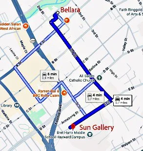 Map showing routes to Sun Gallery with estimated travel times of 4 to 6 minutes, landmarks include Bret Hart Middle School, All Saints Catholic Church, and Ramer Bar and BBQ Raffle Cabin.