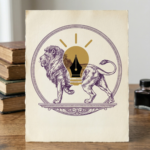 A combination of two company logos: The Final Review and Lavender Lion Solutions. A decorative paper featuring an illustrated lion and gold light bulb with pen nib, and light rays, on a wooden surface with books and ink bottles in the background.