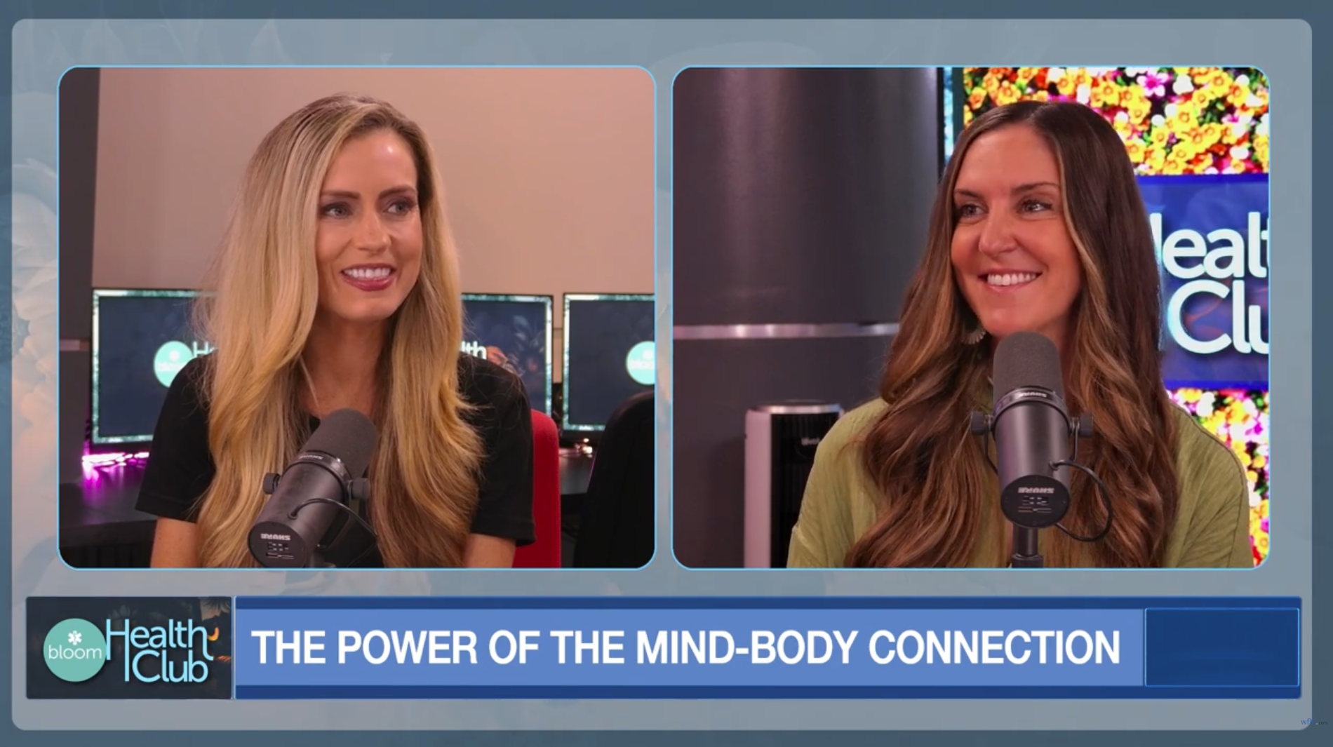 BloomTV podcast with Amber Freeman 'Health Club' and 'The Power of the Mind-Body Connection' in the background.