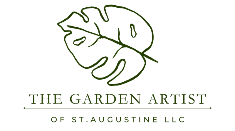 Logo with a stylized green monstera leaf and the text "The Garden Artist of St. Augustine LLC" in green.