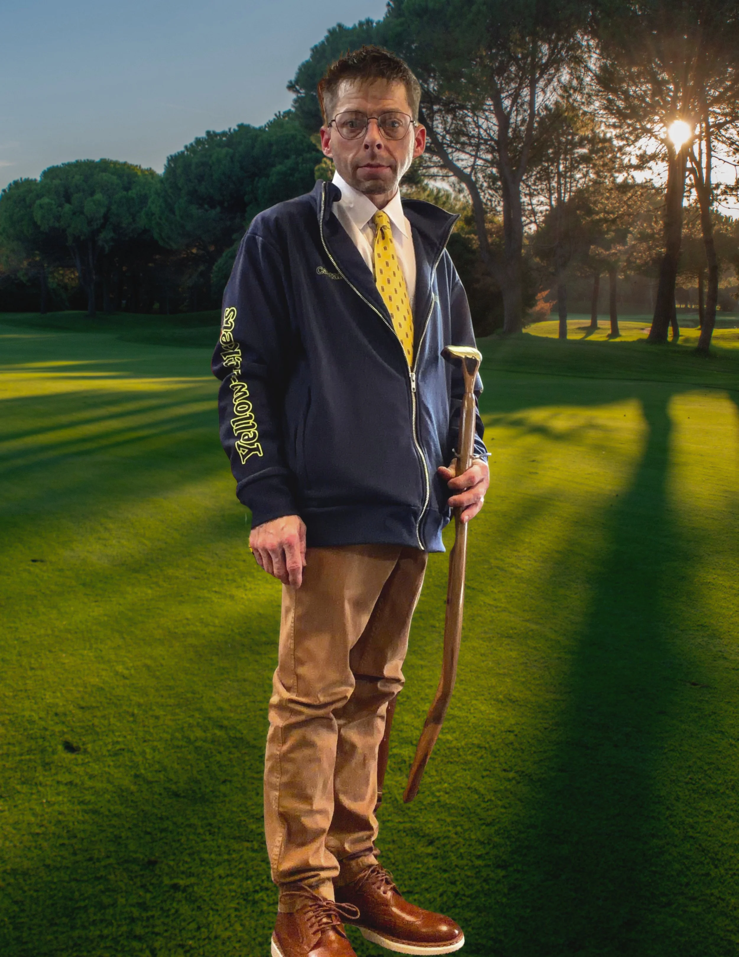 A man wearing glasses, a yellow tie, and a navy jacket holding a golf club, standing on a golf course at sunset with trees in the background.