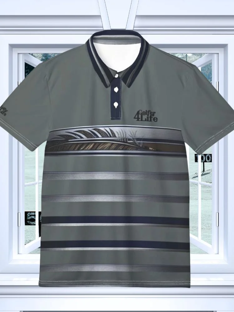 A gray golf polo shirt with black and white striped collar and sleeves, featuring horizontal black and gray stripes on the body, a feather graphic across the chest, and text reading "Golf for Life" and "100".