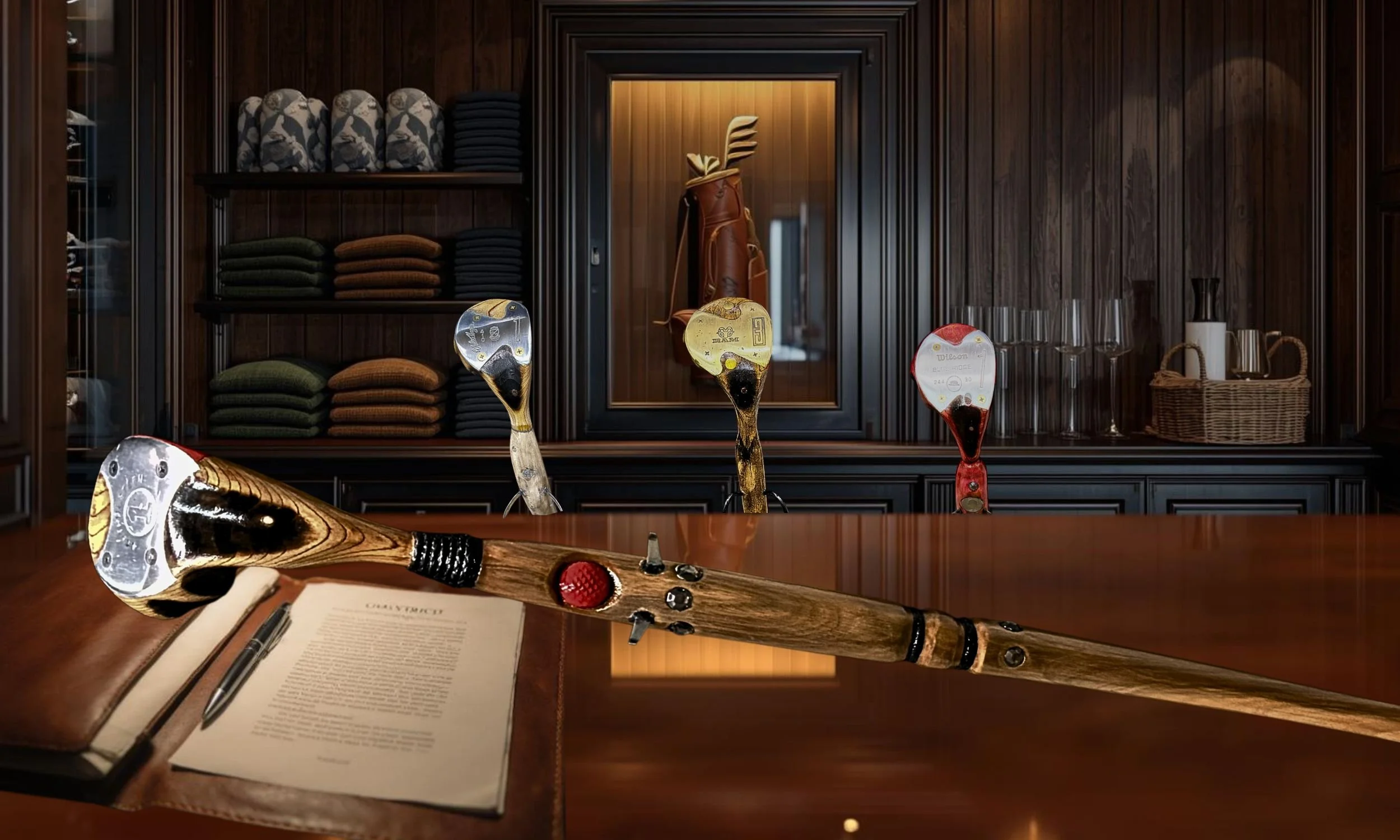 A wooden golf club with a red ball on top rests on a leather-bound notebook, a pen, and a sheet of paper on a polished wooden table. Behind, there are three golf clubs with headcovers and a mirror reflecting a golf bag. The background features dark wooden shelves with folded clothes, glassware, and a basket.